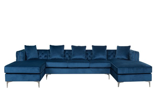Ryan 133"W Deep Blue Velvet Double Chaise Sectional Sofa with Nail-Head Trim - Image 2