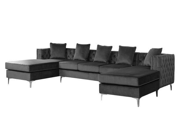 Ryan 133"W Dark Gray Velvet Double Chaise Sectional Sofa with Nail-Head Trim - Image 5