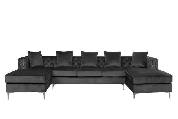 Ryan 133"W Dark Gray Velvet Double Chaise Sectional Sofa with Nail-Head Trim - Image 4