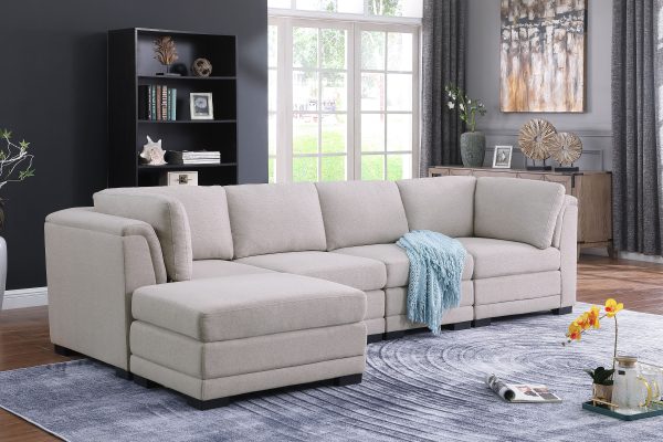 Kristin 121.5"W Light Gray Linen Fabric Reversible Sectional Sofa with Ottoman