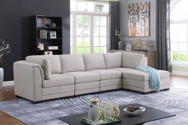 Kristin 121.5"W Light Gray Linen Fabric Reversible Sectional Sofa with Ottoman