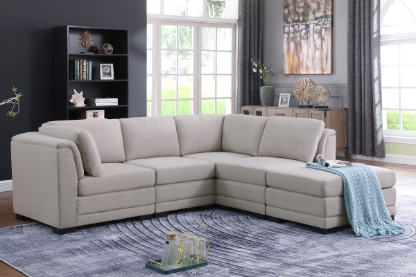 Kristin 96"W Light Gray Linen Fabric Reversible Sectional Sofa with Ottoman