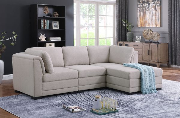 Kristin 96"W Light Gray Linen Fabric Reversible Sectional Sofa with Ottoman