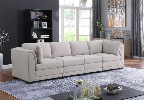 Kristin 121.5"W Light Gray Linen Fabric 4-Seater Modular Sofa