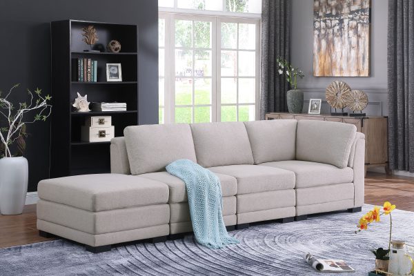 Kristin 112"W Light Gray Linen Fabric Reversible Sofa with Ottoman