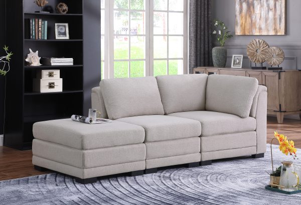 Kristin 86.5"W Light Gray Linen Fabric Reversible Sofa with Ottoman