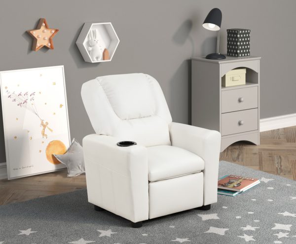 Marisa 22"W White PU Leather Kids Recliner Chair with Cupholder