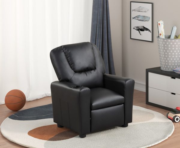 Marisa 22"W Black PU Leather Kids Recliner Chair with Cupholder