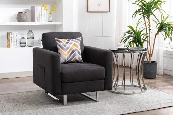 Victoria 33.5"W Dark Gray Linen Fabric Armchair with Metal Legs, Side Pockets, and Pillow