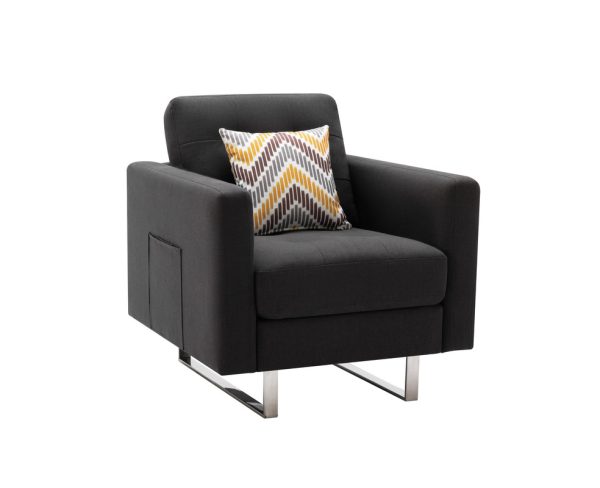 Victoria 33.5"W Dark Gray Linen Fabric Armchair with Metal Legs, Side Pockets, and Pillow - Image 3