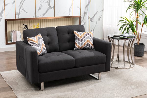 Victoria 53.5"W Dark Gray Linen Fabric Loveseat with Metal Legs, Side Pockets, and Pillows