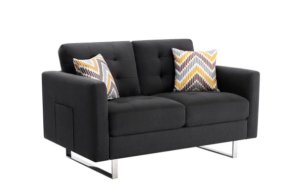 Victoria 53.5"W Dark Gray Linen Fabric Loveseat with Metal Legs, Side Pockets, and Pillows - Image 3