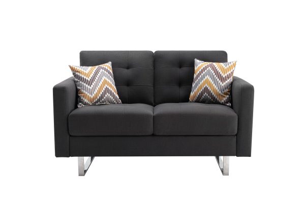 Victoria 53.5"W Dark Gray Linen Fabric Loveseat with Metal Legs, Side Pockets, and Pillows - Image 2