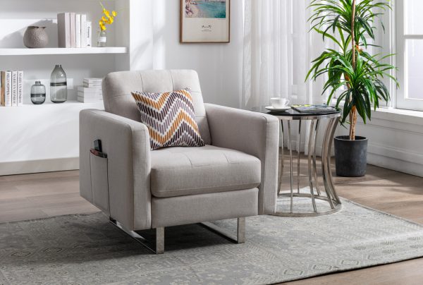 Victoria 33.5"W Beige Linen Fabric Armchair with Metal Legs, Side Pockets, and Pillow