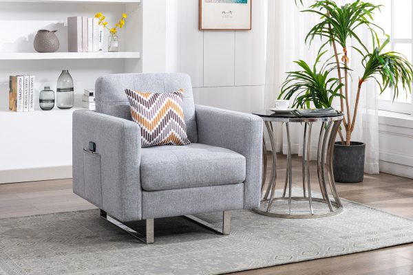 Victoria 33.5"W Light Gray Linen Fabric Armchair with Metal Legs, Side Pockets, and Pillow