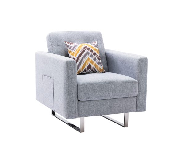 Victoria 33.5"W Light Gray Linen Fabric Armchair with Metal Legs, Side Pockets, and Pillow - Image 4