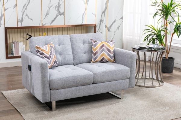 Victoria 53.5"W Light Gray Linen Fabric Loveseat with Metal Legs, Side Pockets, and Pillows