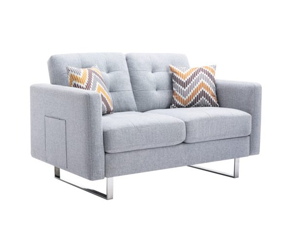 Victoria 53.5"W Light Gray Linen Fabric Loveseat with Metal Legs, Side Pockets, and Pillows - Image 2