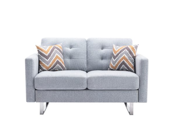 Victoria 53.5"W Light Gray Linen Fabric Loveseat with Metal Legs, Side Pockets, and Pillows - Image 5