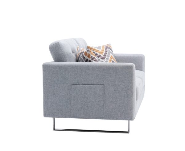 Victoria 53.5"W Light Gray Linen Fabric Loveseat with Metal Legs, Side Pockets, and Pillows - Image 4