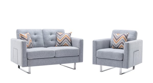 Victoria Light Gray Linen Fabric Loveseat Chair Living Room Set with Metal Legs, Side Pockets, and Pillows - Image 2