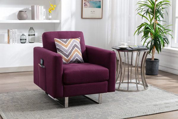 Victoria 33.5"W Purple Linen Fabric Armchair with Metal Legs, Side Pockets, and Pillow