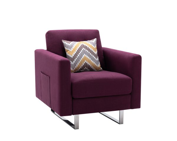 Victoria 33.5"W Purple Linen Fabric Armchair with Metal Legs, Side Pockets, and Pillow - Image 4