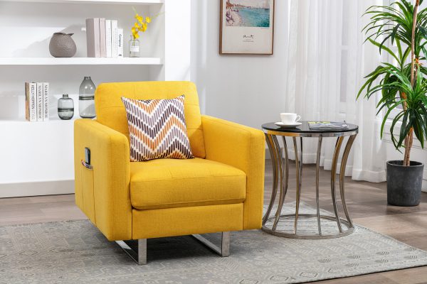 Victoria 33.5"W Yellow Linen Fabric Armchair with Metal Legs, Side Pockets, and Pillow