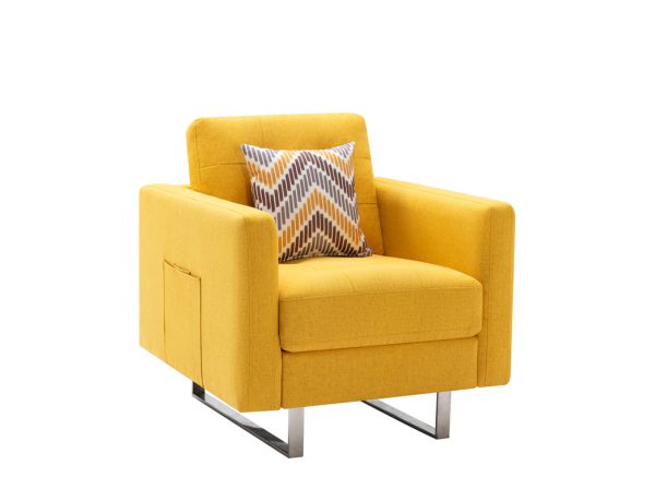Victoria 33.5"W Yellow Linen Fabric Armchair with Metal Legs, Side Pockets, and Pillow - Image 4