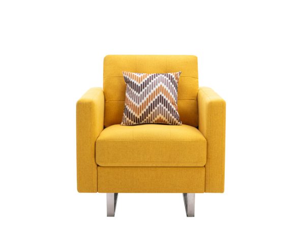Victoria 33.5"W Yellow Linen Fabric Armchair with Metal Legs, Side Pockets, and Pillow - Image 2