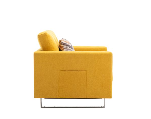 Victoria 33.5"W Yellow Linen Fabric Armchair with Metal Legs, Side Pockets, and Pillow - Image 6