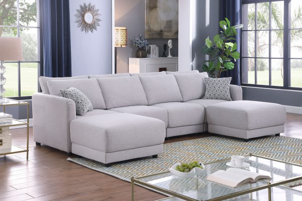 Penelope 111"W Light Gray Linen Fabric 4-Seater Sofa with 2 Ottoman and Pillows