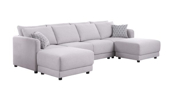Penelope 111"W Light Gray Linen Fabric 4-Seater Sofa with 2 Ottoman and Pillows - Image 2