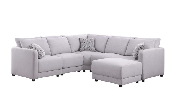 Penelope 94.5"W Light Gray Linen Fabric Reversible L-Shape Sectional Sofa with Ottoman and Pillows - Image 2