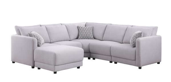 Penelope 94.5"W Light Gray Linen Fabric Reversible L-Shape Sectional Sofa with Ottoman and Pillows - Image 2