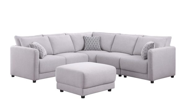 Penelope 94.5"W Light Gray Linen Fabric Reversible L-Shape Sectional Sofa with Ottoman and Pillows - Image 5