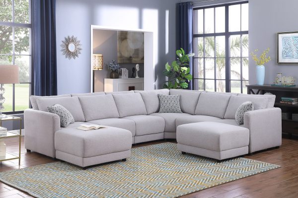 Penelope 120"W Light Gray Linen Fabric Reversible 8PC Modular Sectional Sofa with Ottomans and Pillows