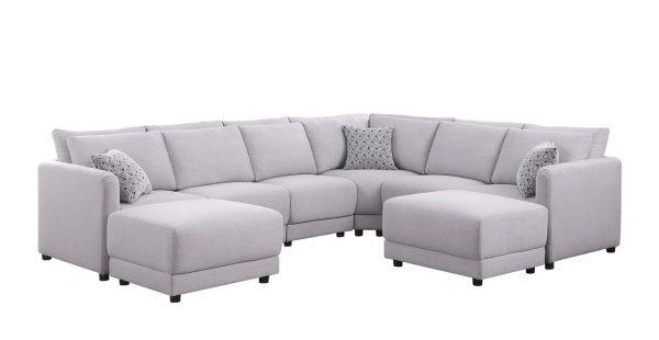 Penelope 120"W Light Gray Linen Fabric Reversible 8PC Modular Sectional Sofa with Ottomans and Pillows - Image 2
