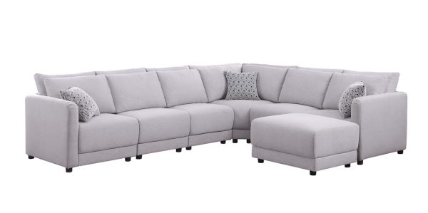 Penelope 120"W Light Gray Linen Fabric Reversible 7PC Modular Sectional Sofa with Ottoman and Pillows - Image 4