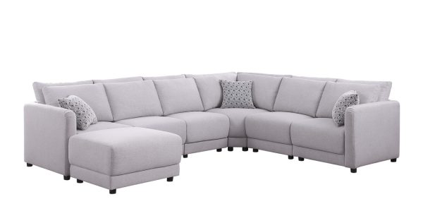 Penelope 120"W Light Gray Linen Fabric Reversible 7PC Modular Sectional Sofa with Ottoman and Pillows - Image 2