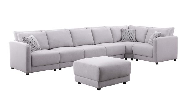 Penelope 120"W Light Gray Linen Fabric Reversible 7PC Modular Sectional Sofa with Ottoman and Pillows - Image 6