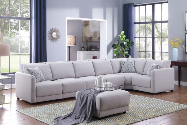 Penelope 145.5"W Light Gray Linen Fabric Reversible 7PC Modular Sectional Sofa with Ottoman and Pillows