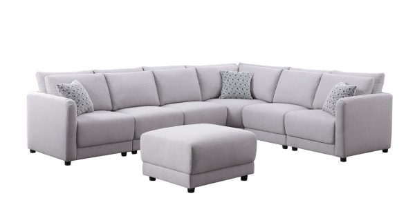 Penelope 145.5"W Light Gray Linen Fabric Reversible 7PC Modular Sectional Sofa with Ottoman and Pillows - Image 5