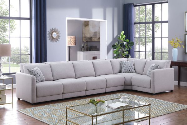 Penelope 145.5"W Light Gray Linen Fabric Reversible 6PC Modular Sectional Sofa with Pillows