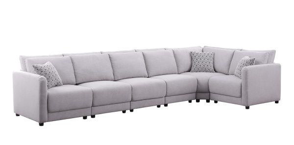 Penelope 145.5"W Light Gray Linen Fabric Reversible 6PC Modular Sectional Sofa with Pillows - Image 2