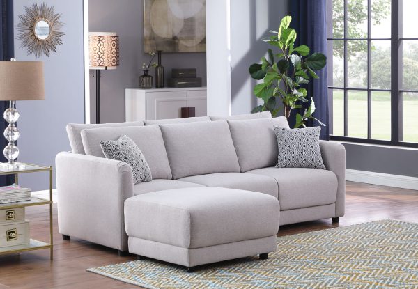 Penelope 85.5"W Light Gray Linen Fabric Sofa with Ottoman and Pillows
