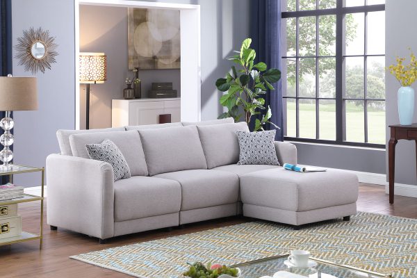Penelope 85.5"W Light Gray Linen Fabric Sofa with Ottoman and Pillows