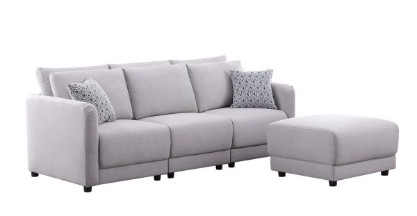 Penelope 85.5"W Light Gray Linen Fabric Sofa with Ottoman and Pillows - Image 2