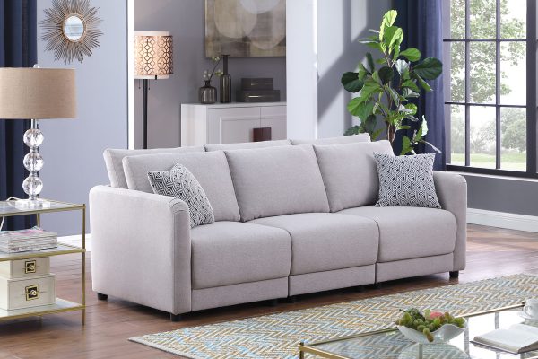 Penelope 85.5"W Light Gray Linen Fabric Sofa with Pillows
