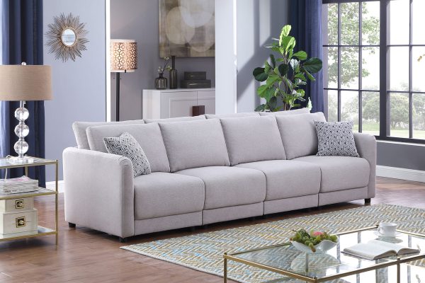 Penelope 111"W Light Gray Linen Fabric 4-Seater Sofa with Pillows